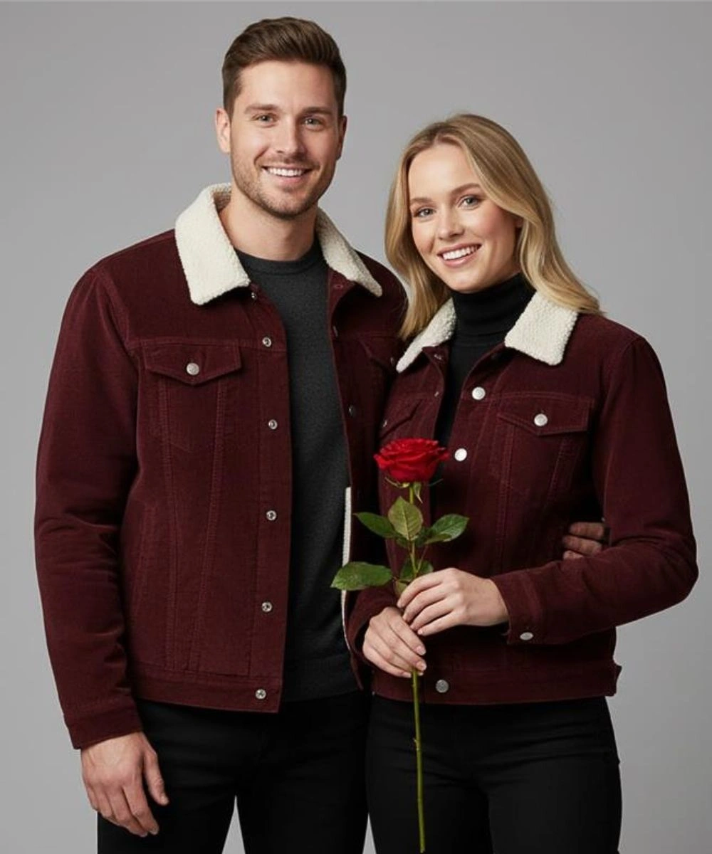 Valentine’s Day Special Pack of 2 Date Night Couples Corduroy Burgundy Sherpa Trucker Jacket