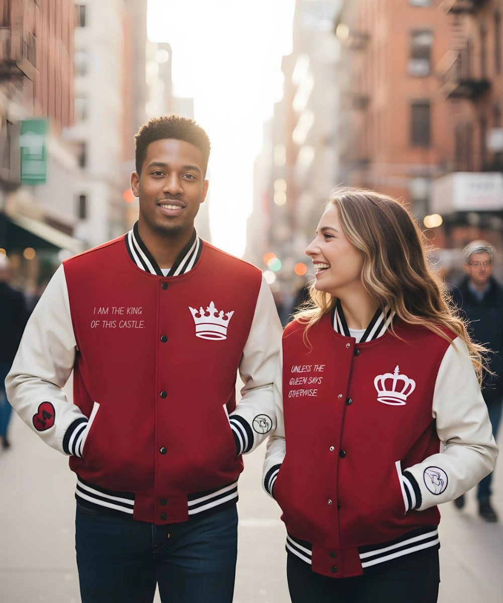 Valentine’s Day Special Pack of 2 Red & White Couples Varsity Bomber Jacket