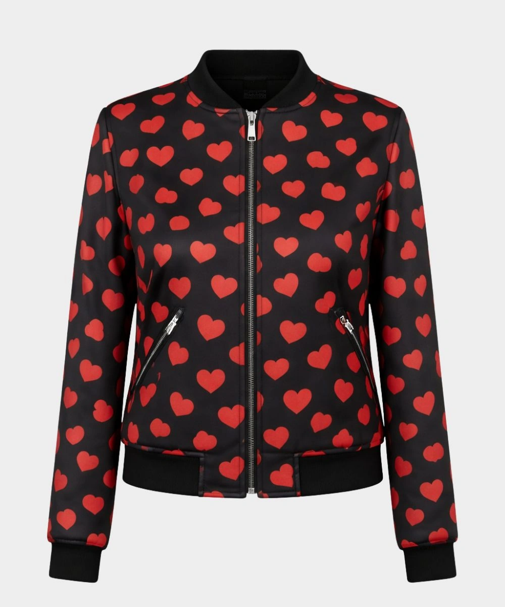 Valentine's Day Special Red Heat-Printed Black Satin Bomber Jacket