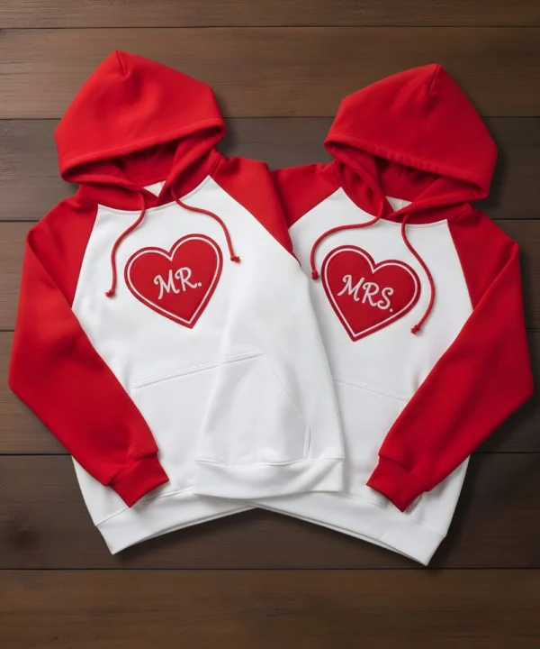 Valentine’s Day Special White & Red Special Pack of 2 Couples Matching Pullover Hoodie