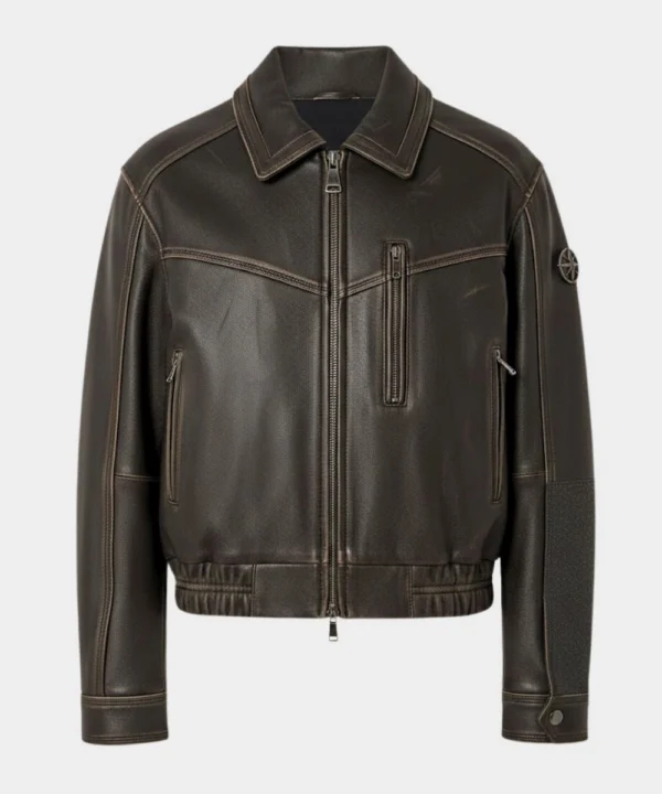 Women's Dark Brown Distressed Oversized Leather Bomber Jacket