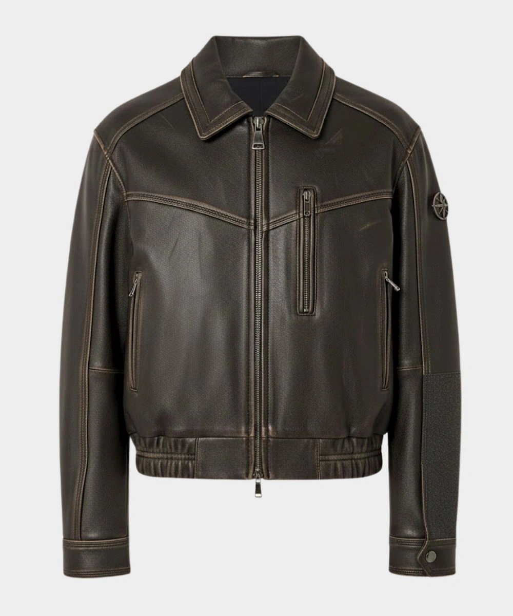 Women's Dark Brown Distressed Oversized Leather Bomber Jacket