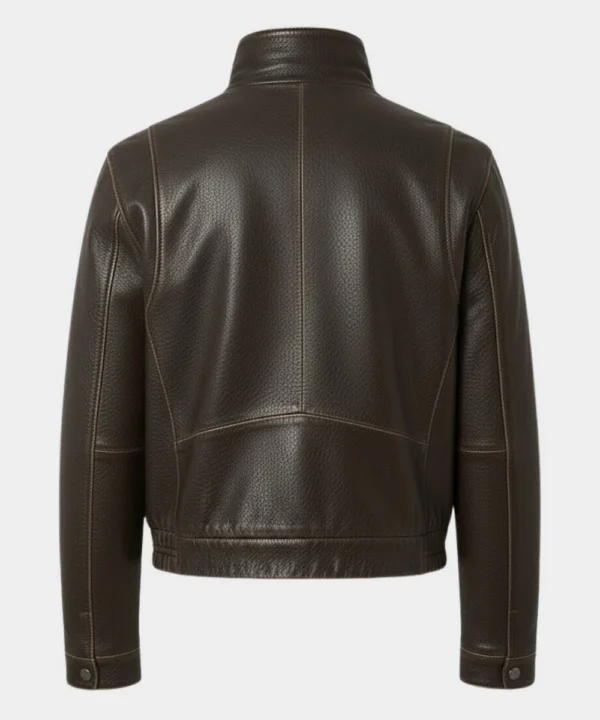 Women's Dark Brown High Collar Leather Bomber Jacket