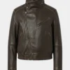 Women's Dark Brown Stand-Up High Collar Oversized Leather Bomber Jacket