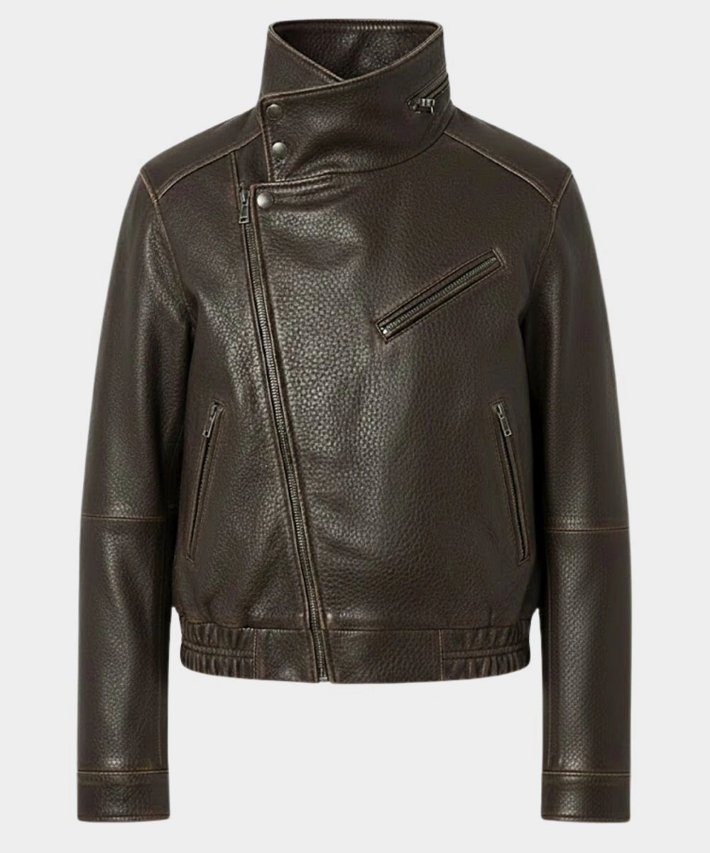Women's Dark Brown Stand-Up High Collar Oversized Leather Bomber Jacket