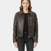 Women's Distressed Oversized Leather Bomber Jacket Dark Brown