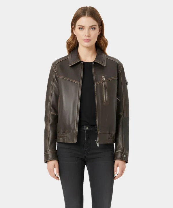 Women's Distressed Oversized Leather Bomber Jacket Dark Brown