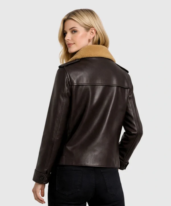 Women's Old Style Dark Brown Fur Shearling Collar Leather Jacket