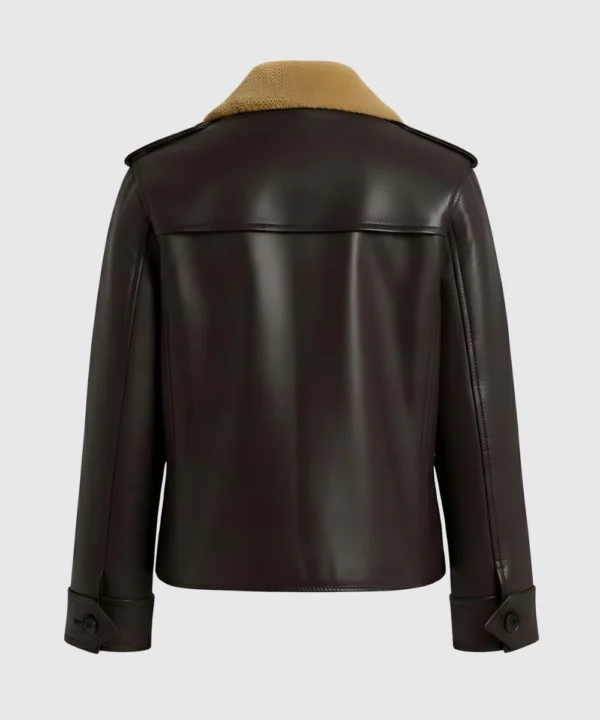 Women's Old Style Fur Shearling Collar Leather Jacket Dark Brown