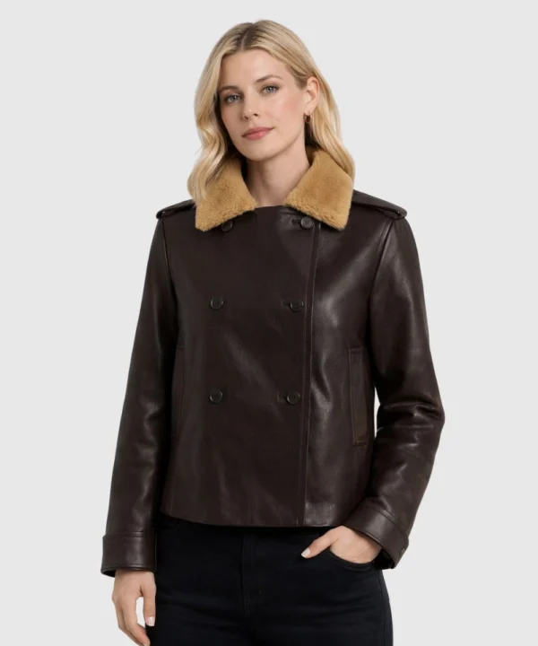 Women's Old Style Shearling Collar Leather Jacket Dark Brown