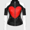 Women's Red Heart Design Black & White Quilted Leather Jacket For Valentine's Day