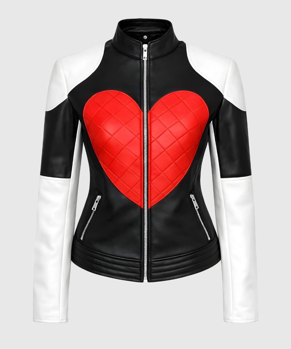 Women's Red Heart Design Black & White Quilted Leather Jacket For Valentine's Day