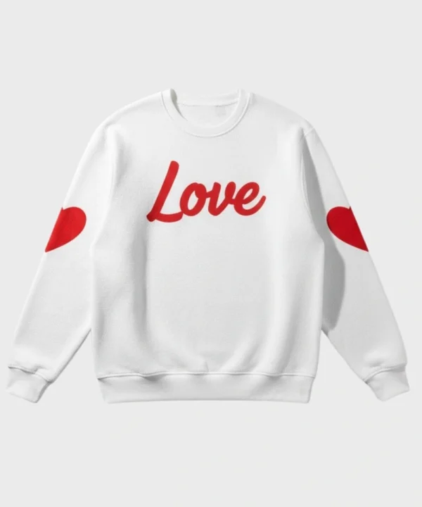 Women's Valentine Day Love Heart-Print Sleeve Fleece White & Red Pullover Sweatshirt