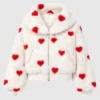 Women’s Valentine Day Special Red Heart Printed Fur Fleece White Cropped Jacket