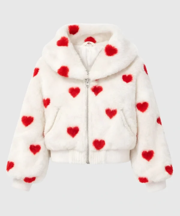 Women’s Valentine Day Special Red Heart Printed Fur Fleece White Cropped Jacket