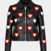 Women's Valentine's Day Maje Heart Printed Cropped Biker Black Leather Jacket