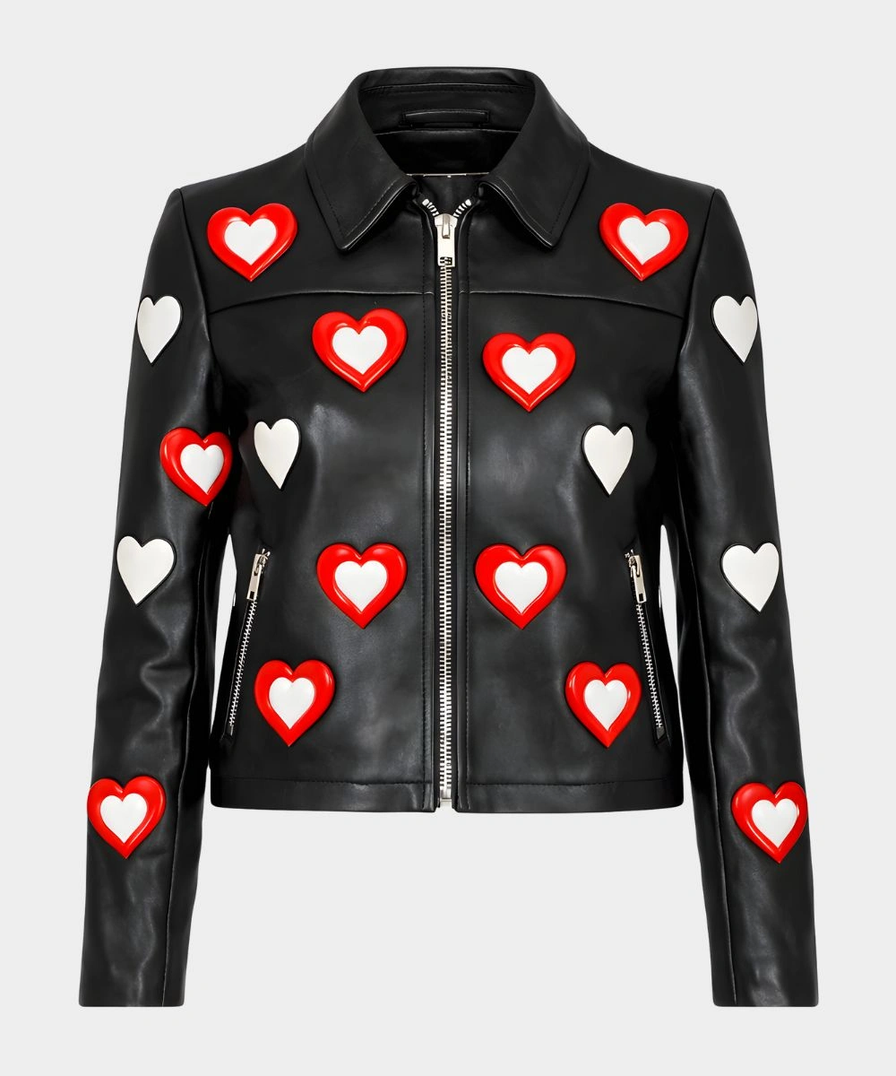 Women's Valentine's Day Maje Heart Printed Cropped Biker Black Leather Jacket