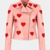 Women's Valentine's Day Red Heart Patches Pink Biker Leather Jacket
