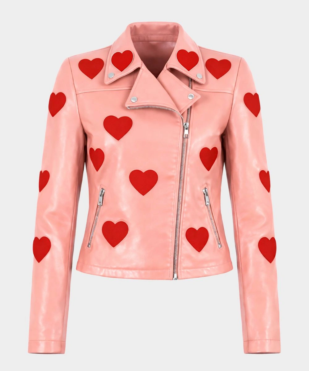 Women's Valentine's Day Red Heart Patches Pink Biker Leather Jacket